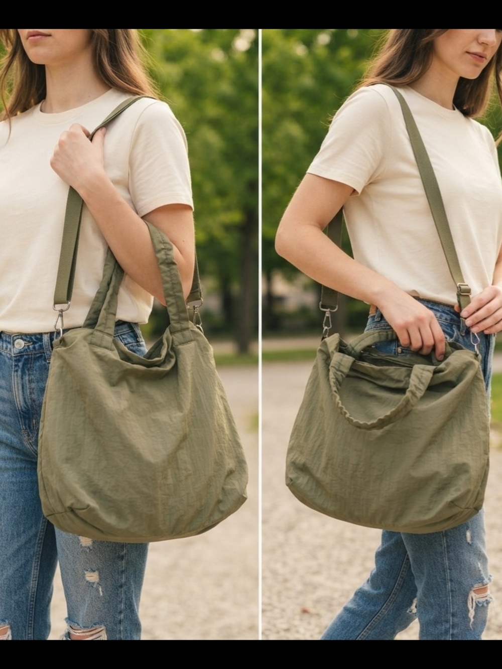 Lightweight Olive Green Nylon Slouchy Hobo Tote Bag Detachable Crossbody Strap